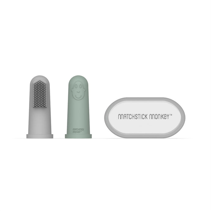 Matchstick Monkey Finger Toothbrush With Portable Case - Grey & Mint Green