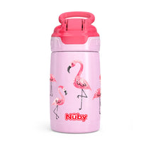 將圖片載入圖庫檢視器 Nuby Thirsty Kids Printed Stainless Steel 10oz / 300ml No Spill Flip-It Reflex Push Button Soft Spout On the Go Cup - Flamingo
