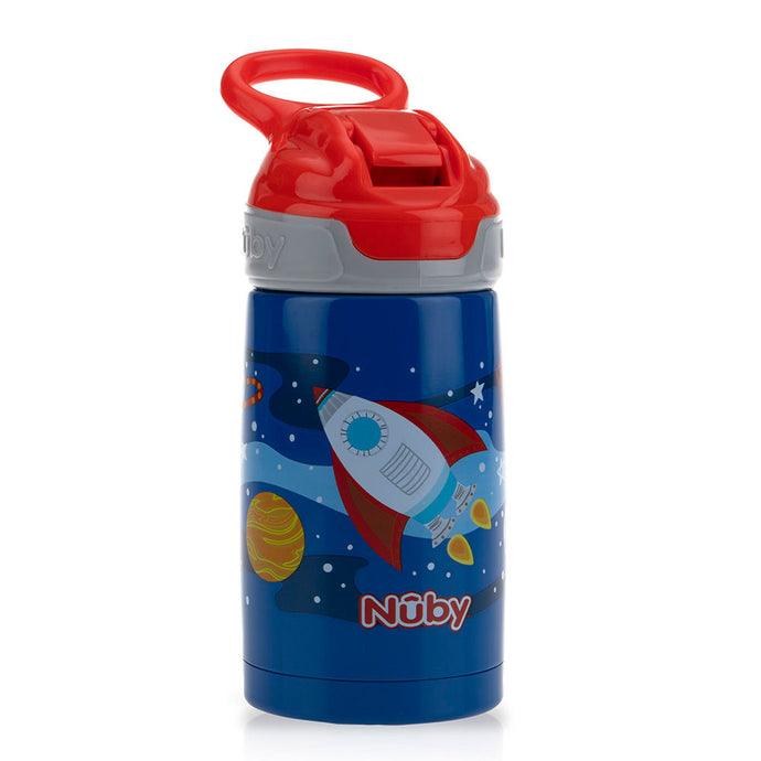 Nuby Thirsty Kids Printed Stainless Steel 10oz / 300ml No Spill Flip-It Reflex Push Button Soft Spout On the Go Cup - Rocket