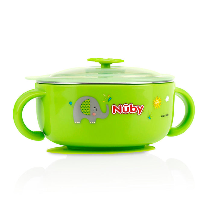 Nuby Stainless Steel Suction Bowl w/Water Reservoir & Lid - Green